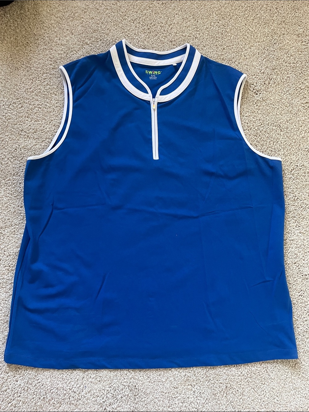 Swing Sleeveless Zip Mock Neck Top in Blue with White Trim